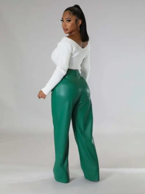 Faux Leather Wide-Leg Casual Pants with Pockets
