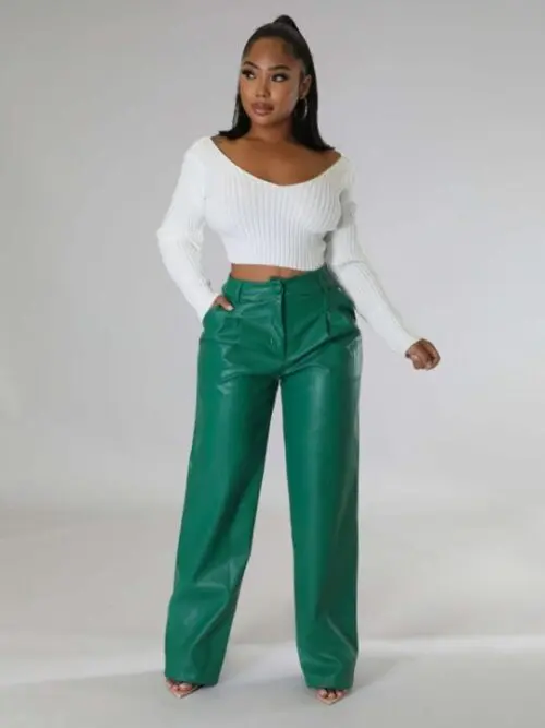 Faux Leather Wide-Leg Casual Pants with Pockets