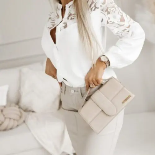 Stylish Solid Color Lace Patchwork Shirt