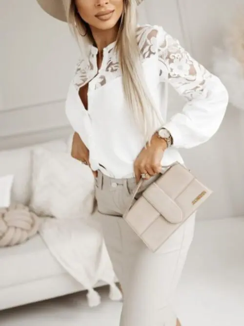 Stylish Solid Color Lace Patchwork Shirt