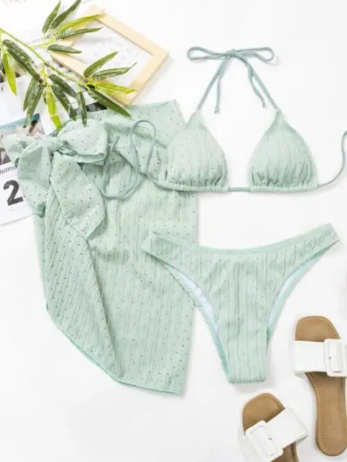 Lace-Up Textured Elegance Three-Piece Bikini with a Feminine Touch