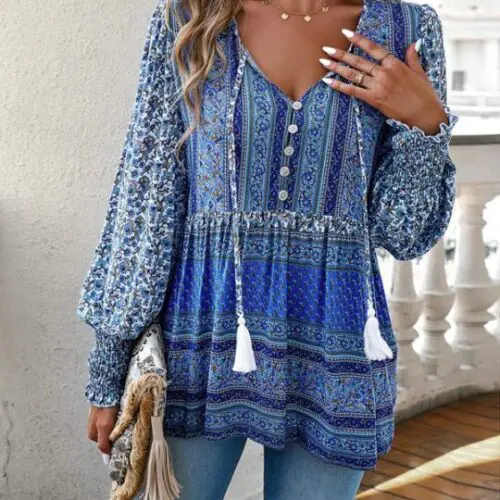 Bohemian Button-Up Top with Unique Print