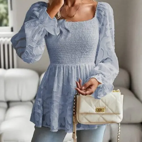 Bohemian-Inspired Long Sleeve Square Neck Blouse