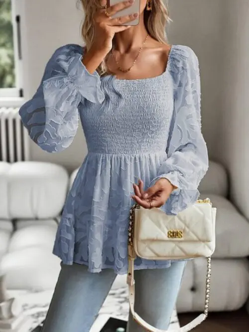 Bohemian-Inspired Long Sleeve Square Neck Blouse
