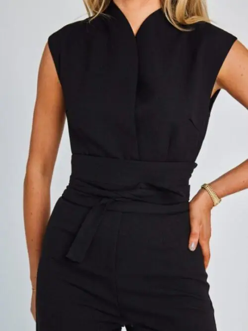 Waist Solid Color V-Neck Sleeveless Wide-Leg Jumpsuit