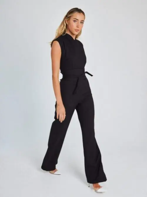 Waist Solid Color V-Neck Sleeveless Wide-Leg Jumpsuit