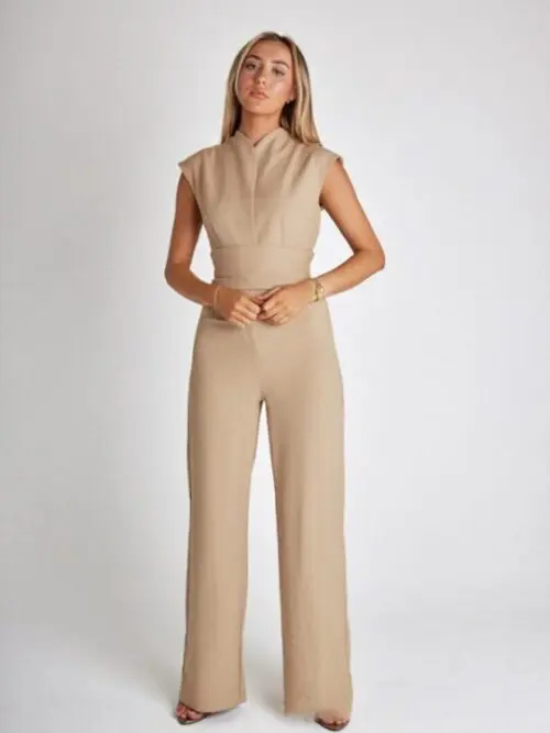 Waist Solid Color V-Neck Sleeveless Wide-Leg Jumpsuit