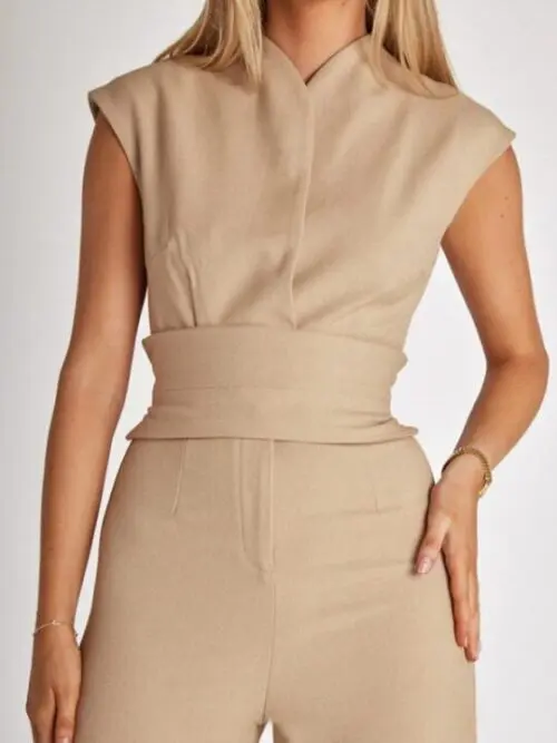 Waist Solid Color V-Neck Sleeveless Wide-Leg Jumpsuit