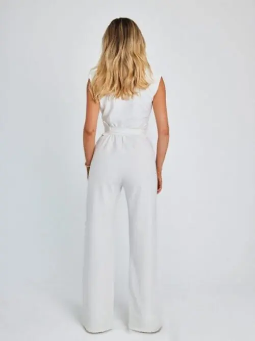 Waist Solid Color V-Neck Sleeveless Wide-Leg Jumpsuit