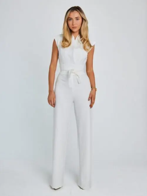 Waist Solid Color V-Neck Sleeveless Wide-Leg Jumpsuit