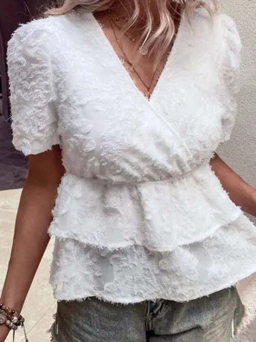 New Elegant V-Neck Waist Double Hem Shirt