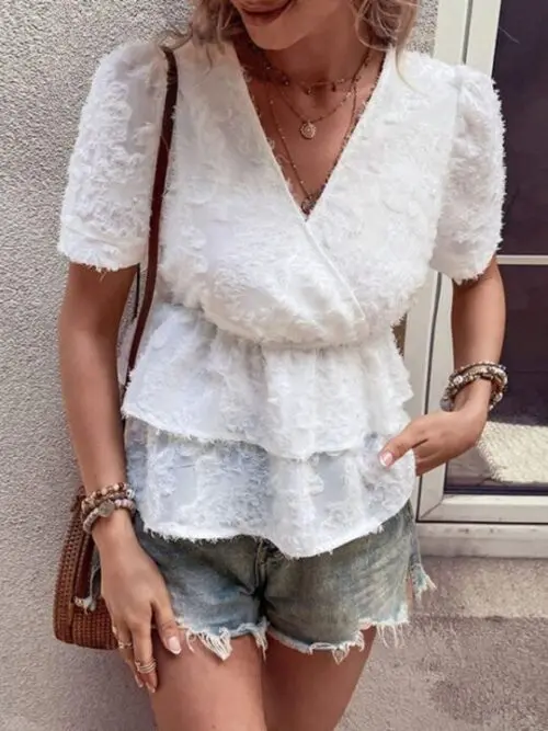New Elegant V-Neck Waist Double Hem Shirt