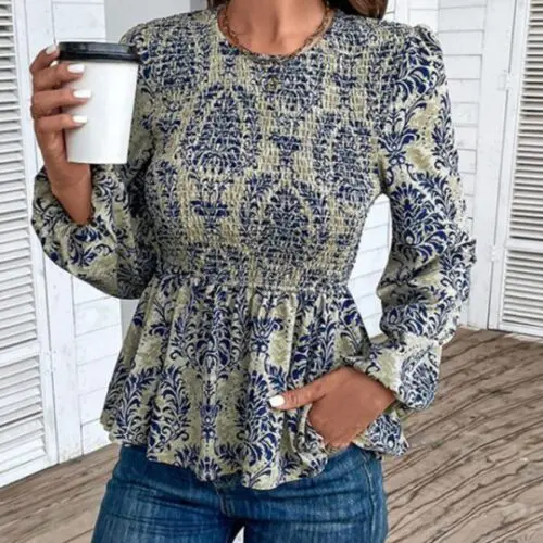 Elegant Slim Long Sleeve Print Top