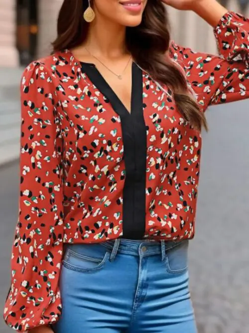Color Block Printed Women’s V-Neck Long Sleeve Shirt