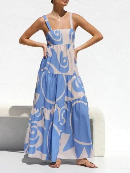 Chic Printed Suspender Dress with Flowy Skirt