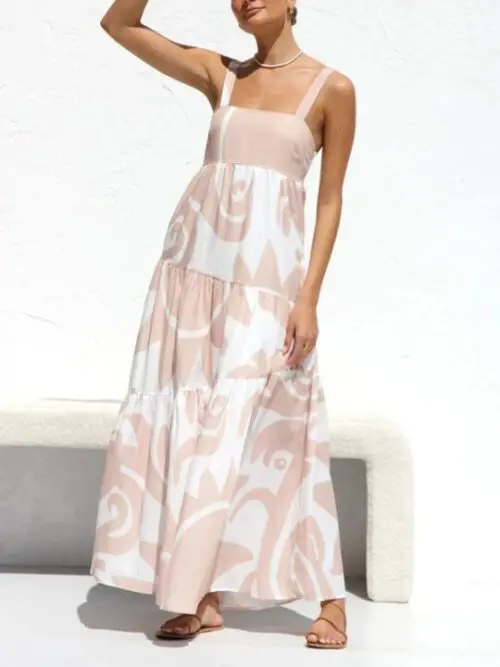 Chic Printed Suspender Dress with Flowy Skirt