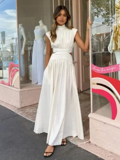 Sleek Solid Color Pleated Maxi Dress with Exposed Waist Detail