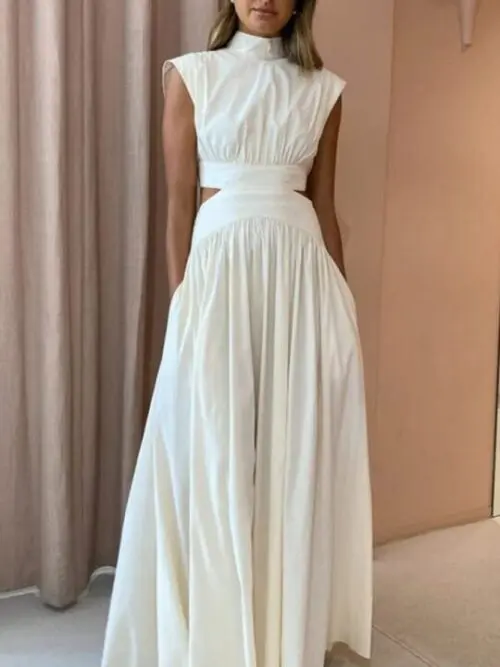 Sleek Solid Color Pleated Maxi Dress with Exposed Waist Detail