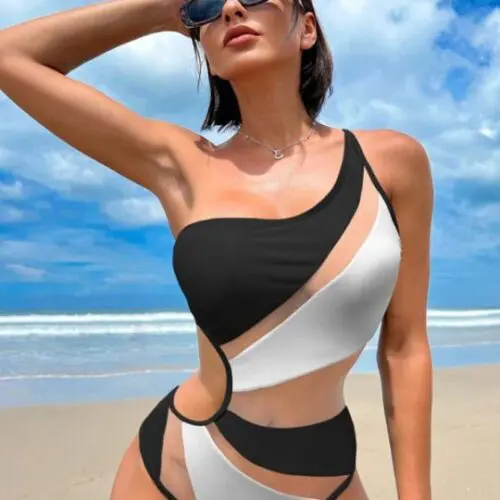 New Solid Color Hollow Mesh One-Piece Swimsuit with Sexy Bikini Design