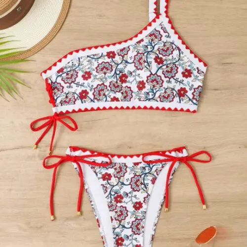 One-Shoulder Printed Split Bikini with Triangle Lace-Up and Adjustable Straps