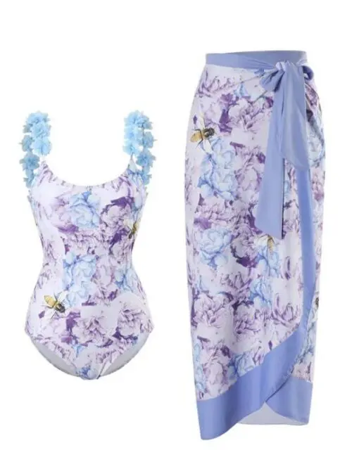 Sexy Two-Piece Bikini with Beach Wrap Skirt and Suspender Detail