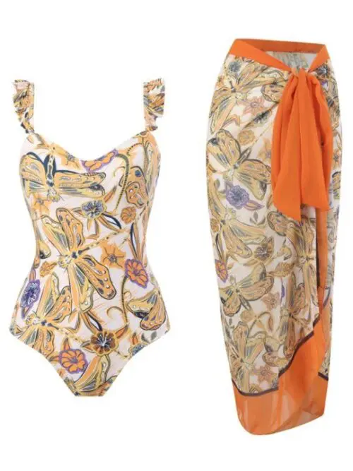 Sexy Two-Piece Bikini with Beach Wrap Skirt and Suspender Detail