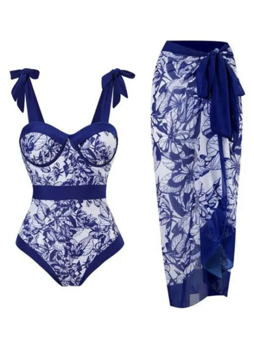 Sexy Two-Piece Bikini with Beach Wrap Skirt and Suspender Detail
