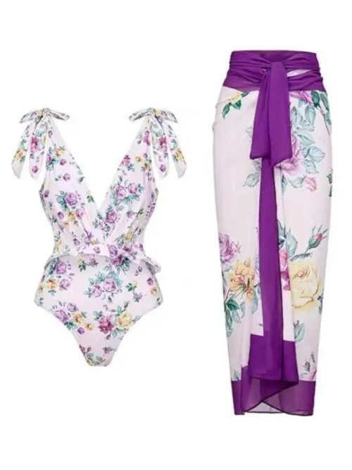 Sexy Two-Piece Bikini with Beach Wrap Skirt and Suspender Detail