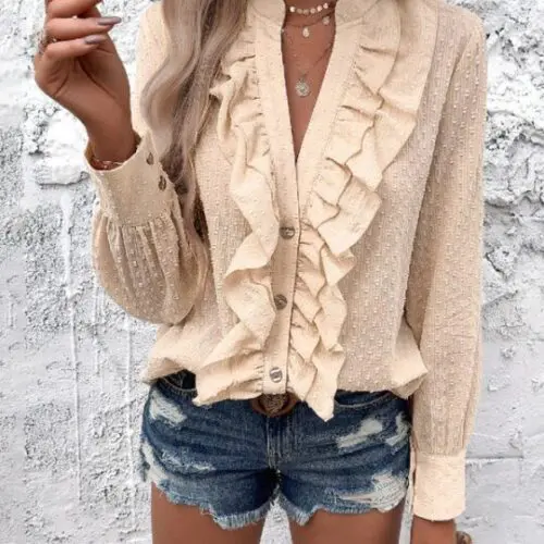 Casual Ruffled Jacquard Long-Sleeve Shirt
