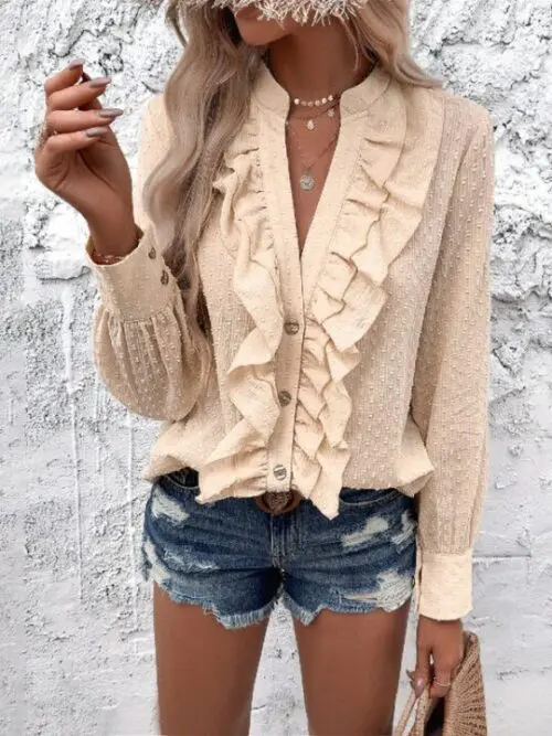 Casual Ruffled Jacquard Long-Sleeve Shirt