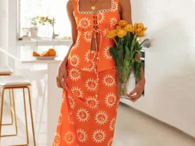New Lace-Spliced Square Neck Top and Printed Long Skirt Suit with Hem Slit