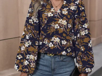French Retro Floral Print Long-Sleeved Shirt with V-Neck