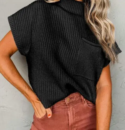 Chic Black Ribbed Knit Sweater with Short Sleeves and Patch Pockets