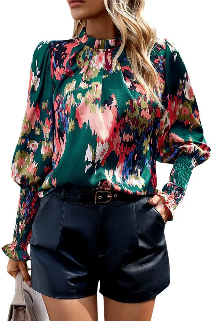 Chic Green Blouse with Abstract Print, Smocked Cuffs, and Frilled Neckline