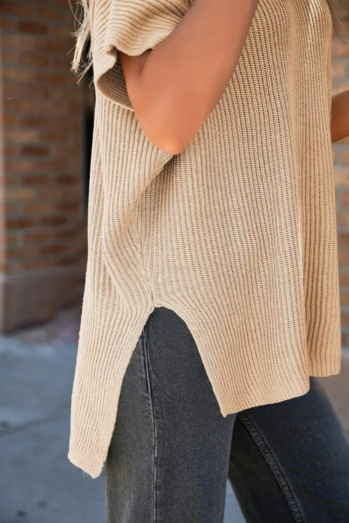 Apricot Oversized Sweater with Short Sleeves and Stylish Side Slits - Image 7
