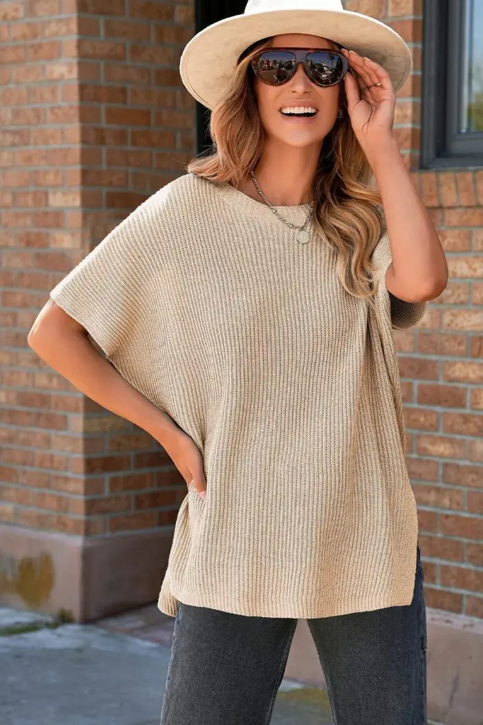 Apricot Oversized Sweater with Short Sleeves and Stylish Side Slits - Image 4