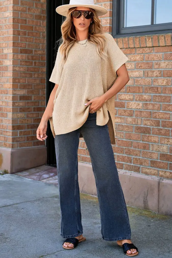 Apricot Oversized Sweater with Short Sleeves and Stylish Side Slits - Image 5