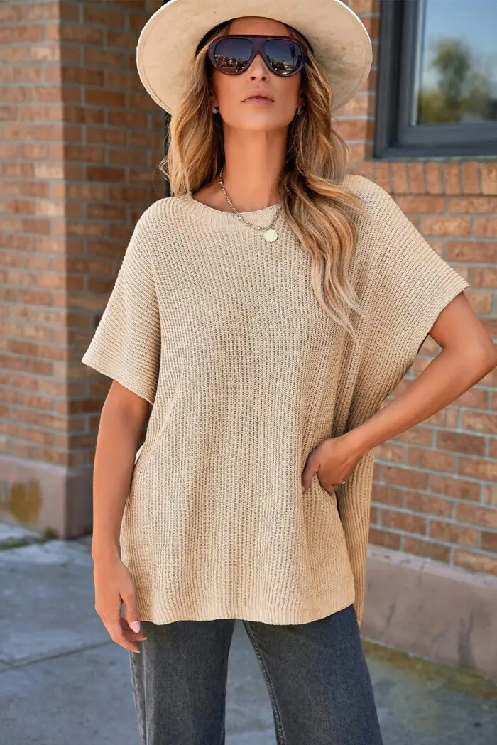 Apricot Oversized Sweater with Short Sleeves and Stylish Side Slits - Image 2