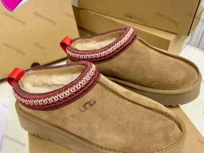 Chestnut Fur Slides Sheepskin Shearling Slippers - New Ultra Mini Platform Boot Slip-On Shoes for Women and Men, Suede Upper Comfort