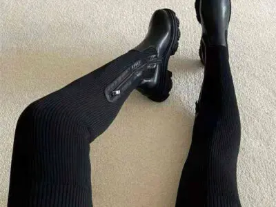 Women's Over-the-Knee Boots - Knit Upper, Solid Color, Round Toe, Square Heel, Comfortable