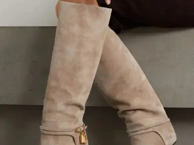 Women's Long Boots - Designer's TF Calf Leather Boots, Padlock and Gold Heels