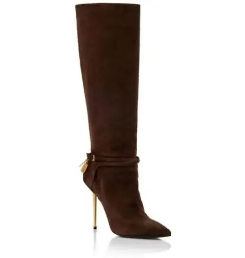 Women's Long Boots - Designer's TF Calf Leather Boots, Padlock and Gold Heels