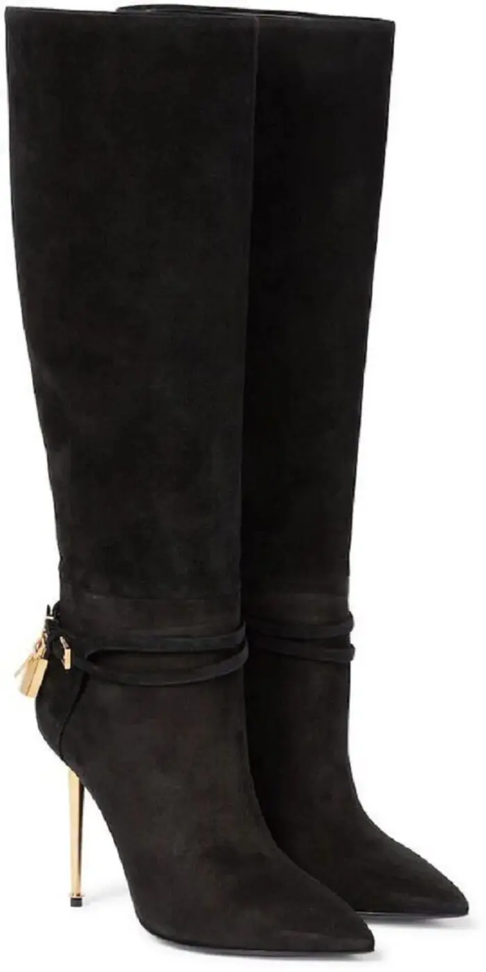Women's Long Boots - Designer's TF Calf Leather Boots, Padlock and Gold Heels