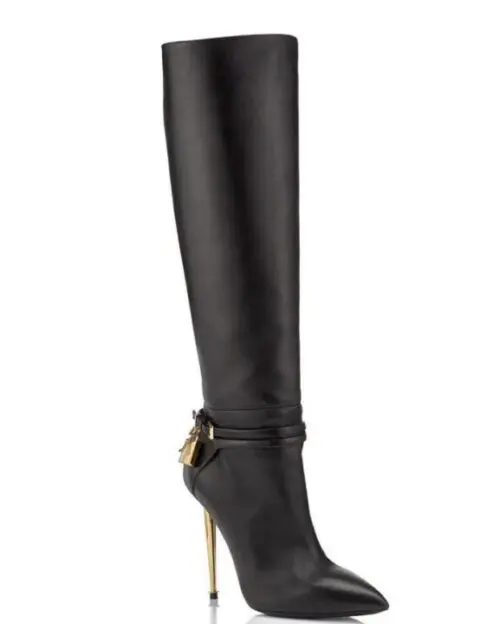Women's Long Boots - Designer's TF Calf Leather Boots, Padlock and Gold Heels