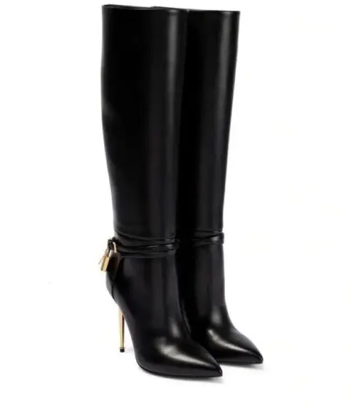 Women's Long Boots - Designer's TF Calf Leather Boots, Padlock and Gold Heels