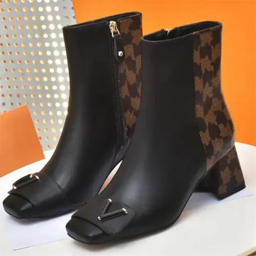 Women's Ankle Boots - Classic Print Cowskin Leather Booties, Designer Shake Boots, 5.5CM Chunky Heels