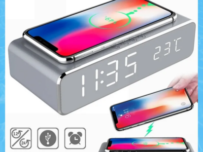 Wireless Charger with Time Alarm Clock – LED Digital Thermometer and Fast Charging Dock Station