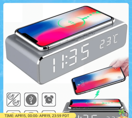 Wireless Charger with Time Alarm Clock – LED Digital Thermometer and Fast Charging Dock Station
