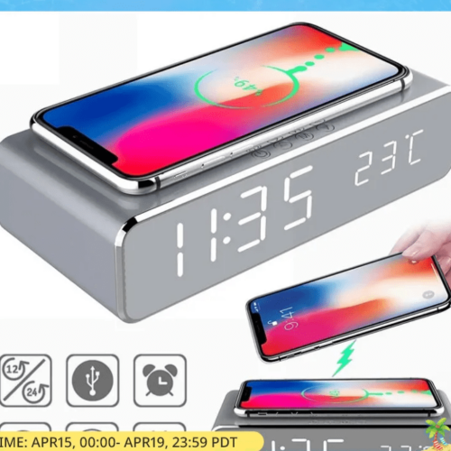 Wireless Charger with Time Alarm Clock – LED Digital Thermometer and Fast Charging Dock Station