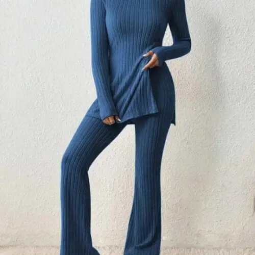 Casual Knitted Two-Piece Set with Slim Fit and Side Slit Detail
